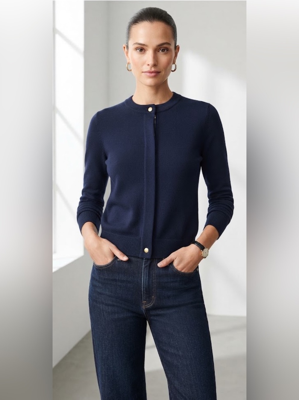 J.Crew Navy Blue Merino Wool Full Zip Cardigan Lady Jacket Gold Snap Accent SZ S